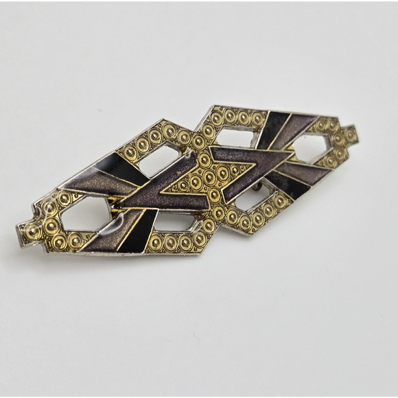 Vintage Brooch Art Deco Revival Geometric Enamel Silvertone Pin Classic Estate - Picture 1 of 11